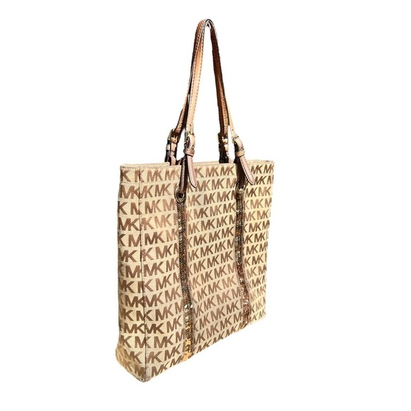 Michael Kors Brown and Tan Signature MK logo Tote with adjustable straps - Picture 5 of 15